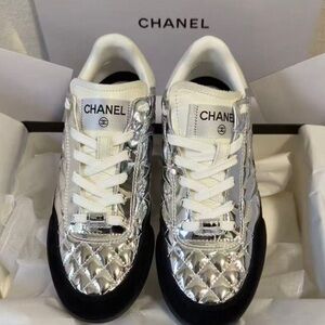 CHANEL Silver and Black Quilted Sneakers